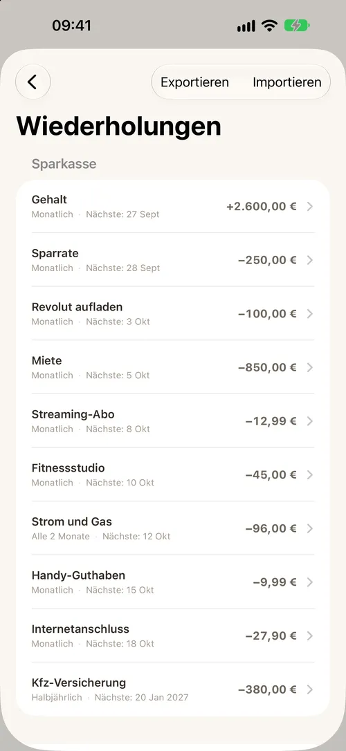 Die Liste der wiederkehrenden Buchungen mit dem nächsten Termin.