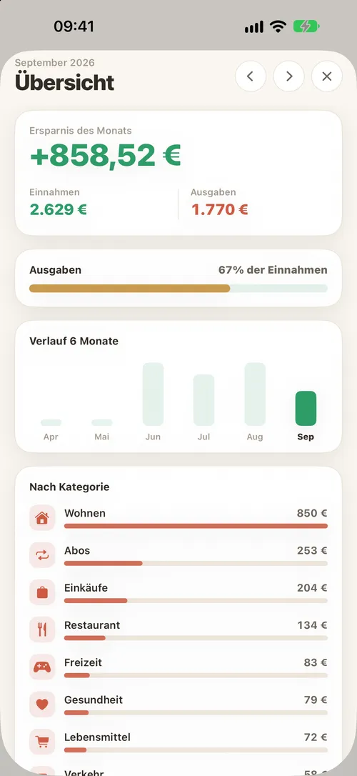 Einnahmen und Ausgaben, nach Kategorie summiert.