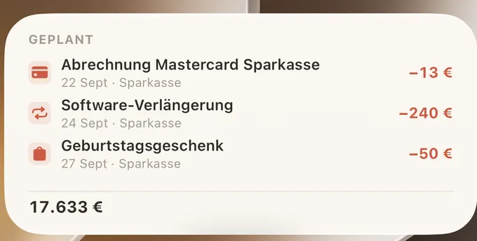 Das BudgetScroll-Widget auf dem Home-Bildschirm mit den nächsten Buchungen.