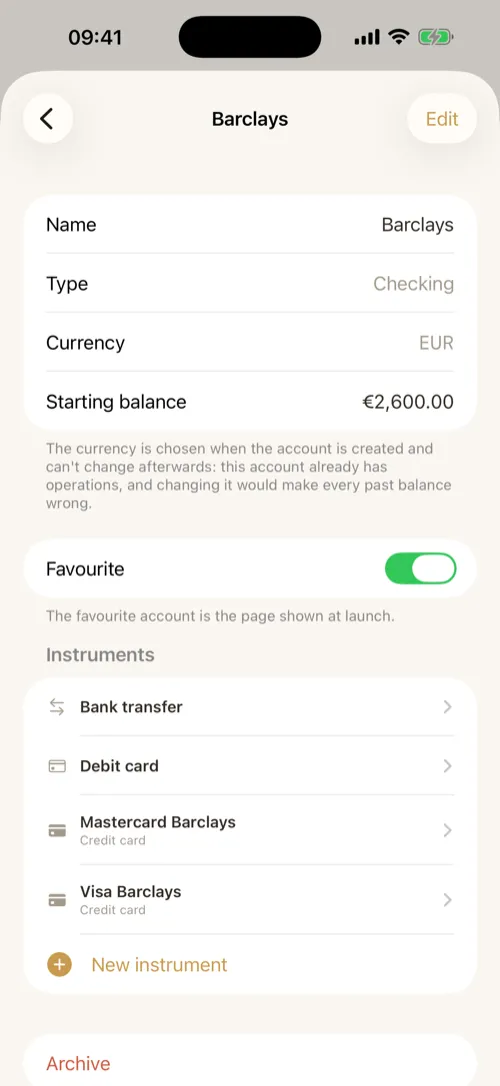 An account's detail view with its payment instruments.
