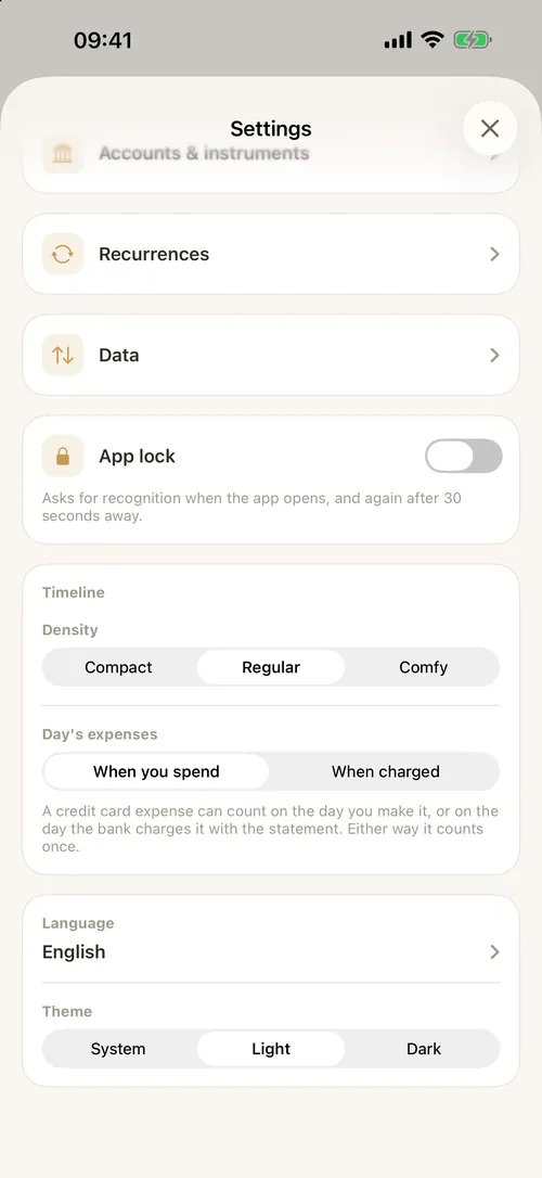 Settings: language, theme, density and app lock.