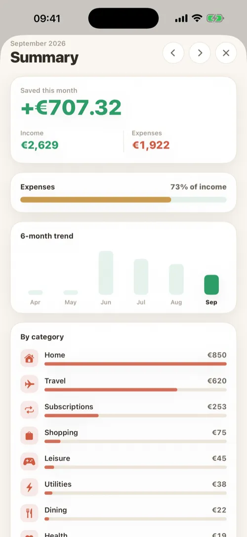 Income and spending totalled by category.