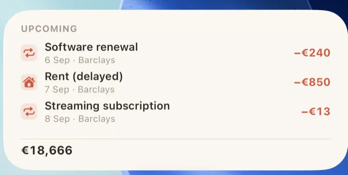 The BudgetScroll Home Screen widget showing upcoming entries.