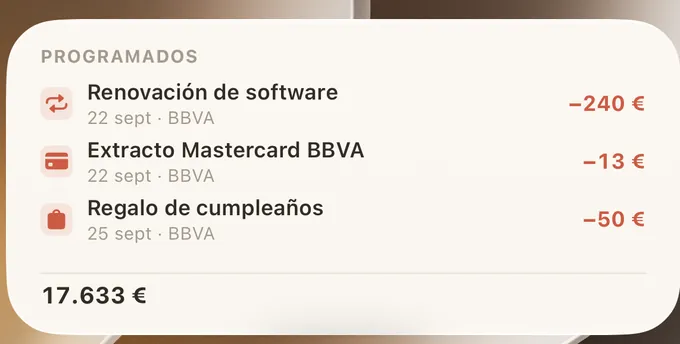 El widget de BudgetScroll en la pantalla de inicio con los próximos movimientos.