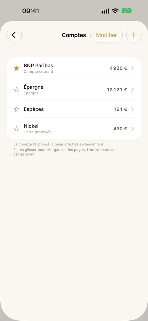 La liste des comptes avec leurs soldes et le compte favori.