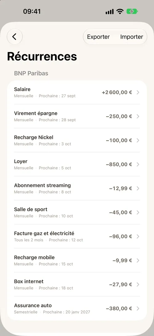 La liste des opérations récurrentes avec leur prochaine occurrence.