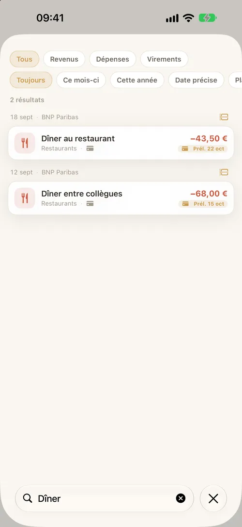 La recherche parmi les opérations, avec des filtres par type et par période.