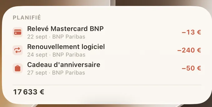 Le widget BudgetScroll sur l'écran d'accueil, avec les prochaines opérations.
