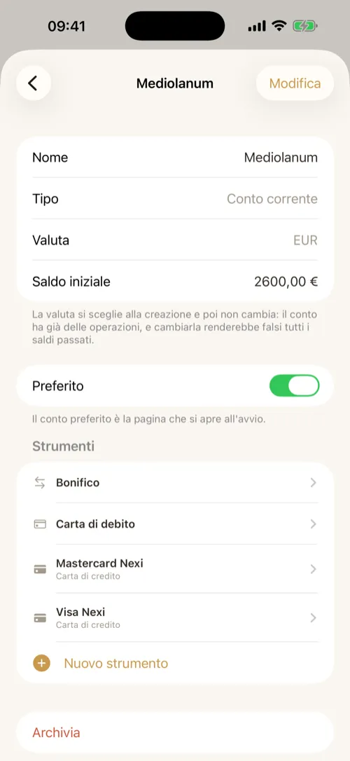 Il dettaglio di un conto con i suoi strumenti di pagamento.