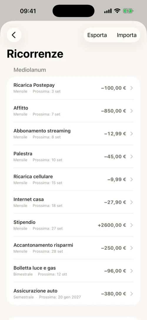 L'elenco dei movimenti ricorrenti con la prossima occorrenza.