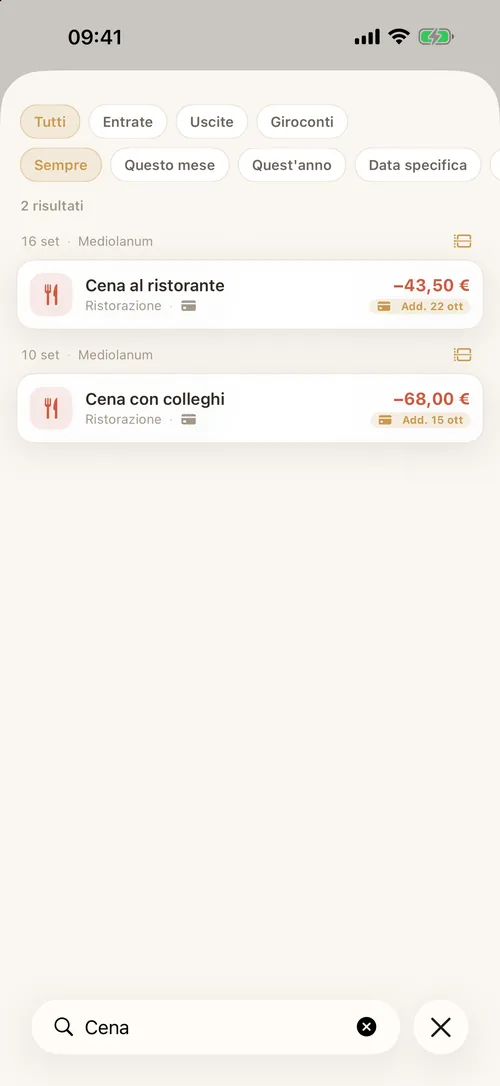 La ricerca fra i movimenti, con i filtri per tipo e per periodo.