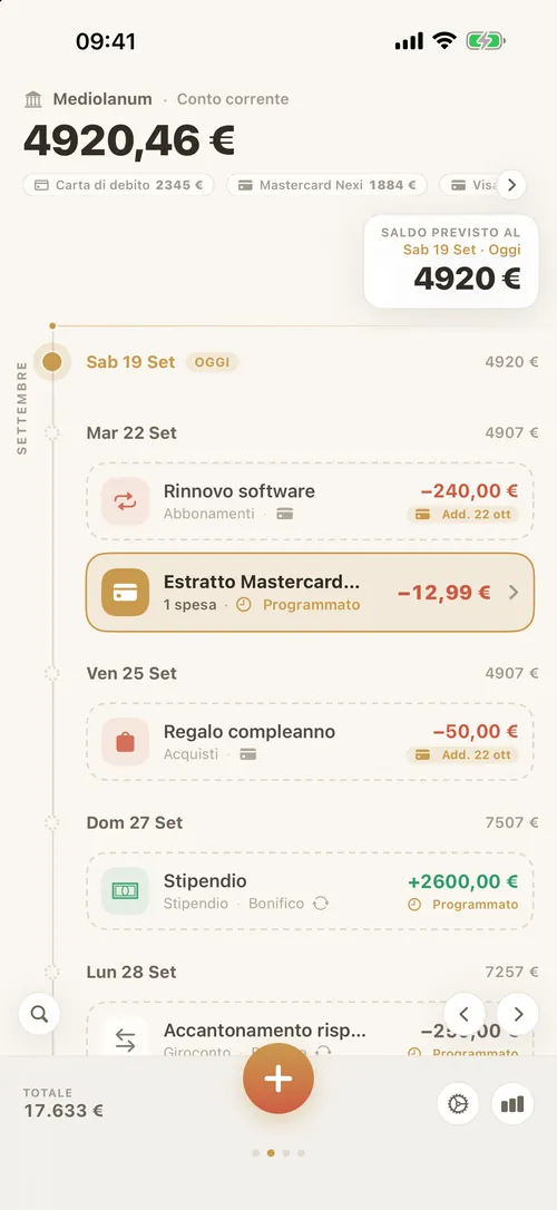 La timeline verticale del conto con il saldo previsto giorno per giorno.